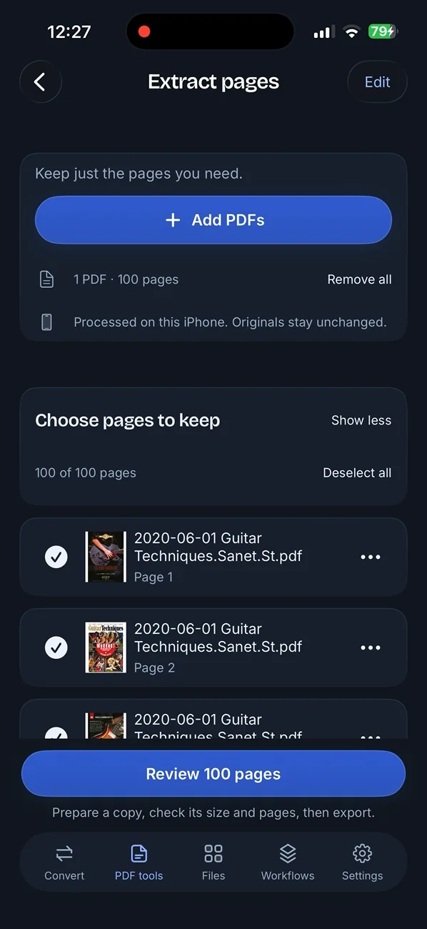 FileSway Extract pages screen in dark mode: one 100-page PDF, processed on this iPhone with originals unchanged, and a list of pages to keep.